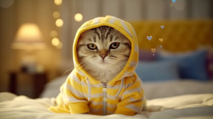 Dreamy and soft film captures cute cat pajamas in wide angle shot. Generative IA