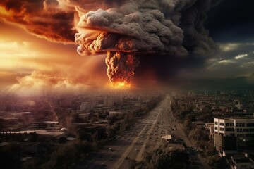 Poster - Nuclear explosion aerial view. The concept of thermonuclear war. AI generated, human enhanced