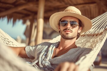 A man is sunbathing at a resort by the sea. Travel concept. AI generated, human enhanced