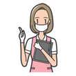 マスク着用でカルテを持ち、笑顔で説明するエプロン姿の看護師・介護や歯科スタッフのイラスト