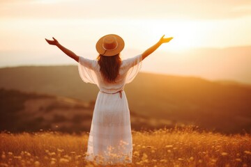 Fototapete - Backlit from behind calm happy free woman with open arms enjoying  a beautiful moment life on the seashore at sunset