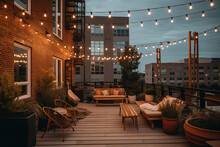At Dusk In The Summer, A Comfortable Rooftop Patio Area With A Lounging Area, A Hanging Chair, And String Lights Is There. Generative AI