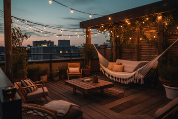 At dusk in the summer, a comfortable rooftop patio area with a lounging area, a hanging chair, and string lights is there. Generative AI