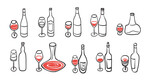 Fototapeta Tulipany - Hand drawn silhouettes of wine glasses and bottles, Hand drawn style.