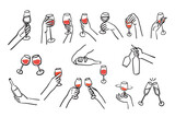 Fototapeta Tulipany - Collection of different hands gestures hold wineglass or drink. Hand drawn style. Hand for logo in restaurant or bar. Vector illustration