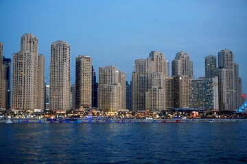 Dubai Marina in Dubai, UAE. View of the skyscrapers and the canal. view at night