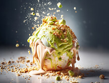 A Scoop Of Pistachio Ice Cream With Pistachios Isolated On White Background.Generative Ai.