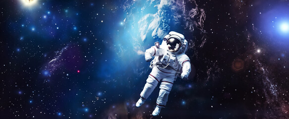 Wall Mural - astronaut spaceman on space station in outer space with planet earth background. astronauts wear ful