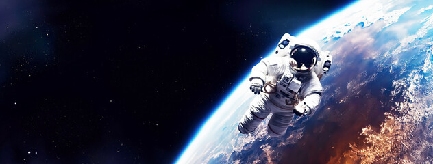 astronaut spaceman on space station in outer space with planet earth background. astronauts wear ful