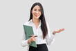 © NAMPIX - Smiling young beautiful Asian businesswoman looking at camera and doing arm crossed gesture in isolated studio white background