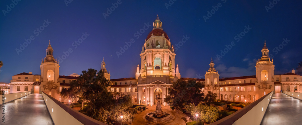 Pasadena city hall building at nigh light in southern California. 