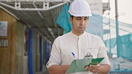 Wall Mural - Young hispanic man architect writing on document with relaxed expression at street