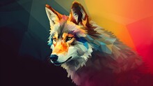 Geometric Wolf Wallpaper, Colorful Background, Horizontal Format 16:9. Generative AI