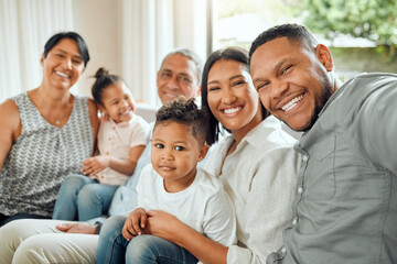 Poster - Family in selfie, grandparents and parents with children relax with smile, generations and bonding at home. People are happy in picture together in living room, love and care with support and trust