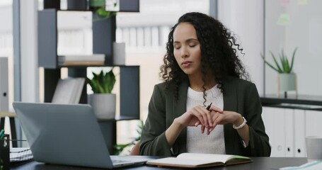 Poster - Businesswoman, laptop and thinking for ideas or problem solving on desk or company decision in the office. Computer, corporate employee and company options or workplace planning or online on pc