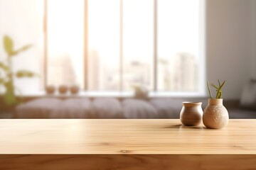 Wall Mural - empty brown wooden table for product display montage with blur living room interior, generative ai generated