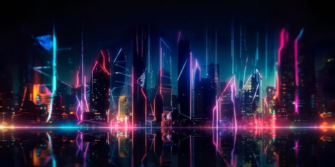 abstract futuristic cityscape with towering skyscrapers and neon lights in the night sky. Generative AI