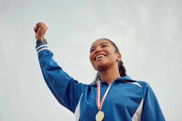 Poster - Happy woman, fist and celebration of winning athlete, success or victory for sports achievement on mockup. Female person or winner with smile in joy for win, award or sport medal on mock up space