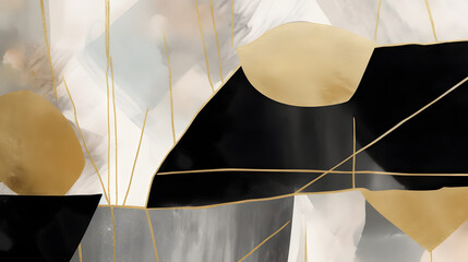 Modern abstract geometric gold textured lines and black watercolor patterns.