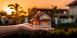 Precious home on the hands of a happy family and real estate investment and housing architecture and sunset background