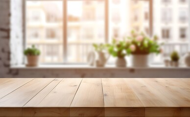 Wall Mural - empty wooden table top with window blur background, generative ai