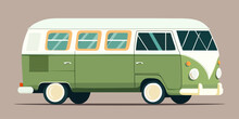 Retro Van In Flat Design. Image Of Old Van.