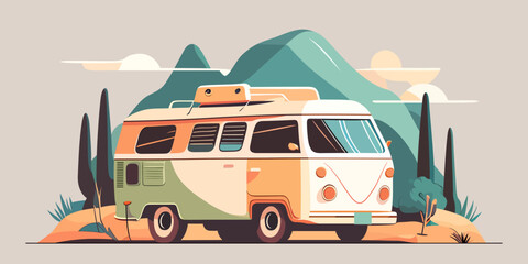 Retro van in nature. Camping van in the mountains. Image of old van