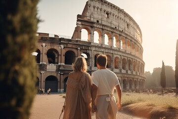 Wall Mural - Travel, vacation, romance concept. Young couple traveling and walking in Rome, Italy. Colosseum in background. Man and woman view from behind. Sunset summer background. Generative AI