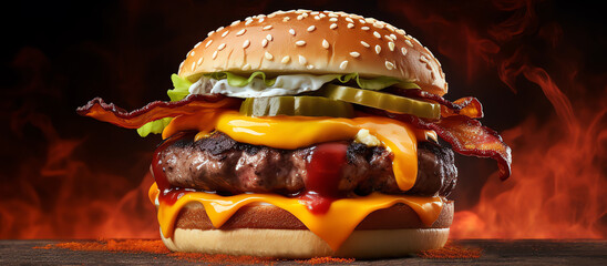 Wall Mural - Spicy burger on black background, AI generated