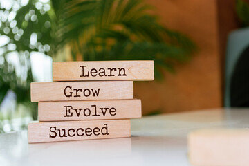 wooden blocks with words 'learn, grow, evolve, succeed'.