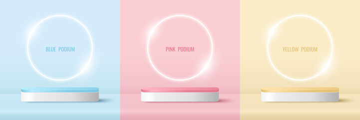 Wall Mural - Set of podium for product display presentation with glowing neon round circle shape. Podium platform to show product with blue, yellow and pink background