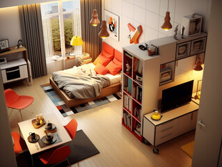 Wall Mural - The interior layout of a studio apartment that uses the concept of bright colors. Furniture is arranged in a relatively small space and maximizes the use of available space.
