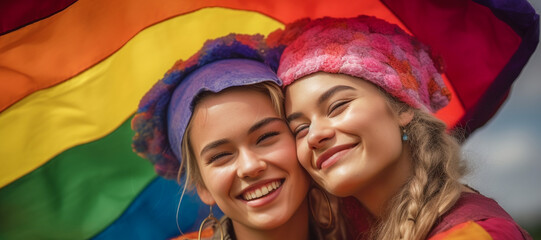 Happy couple with rainbow flag color pattern in a flower field. Inclusive generative ai society and lifestyle. Pride with diversity and inclusion.
