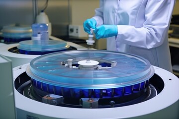 Poster - scientist working in laboratory.laboratory equipment.science background. a chemist using a centrifug