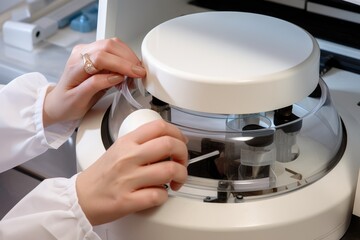 Poster - female scientist working in laboratory, closeup. medical research and development, a chemist using a