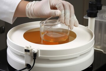Poster - laboratory glassware with urine sample in the hands of a doctor, a chemist using a centrifuge to tes