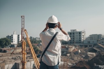 Poster - back view of engineer wearing white hardhat and standing on construction site with copy space, a civ