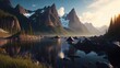 © ZeNDaY - Stunning landscape river golden hour falls and mountains. Generative AI