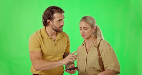Poster - Lost, couple and phone on green screen for gps, direction or navigation on mockup or studio background. Smartphone, location and people online for internet, search and app for map while traveling