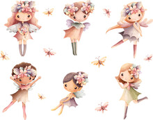 Watercolor Illustration Set Of Beautiful Autum Fairy In Vintage Color With Butterflies