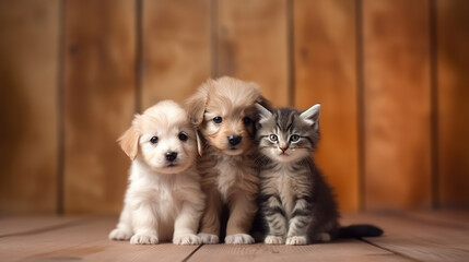 Adorable kitten and cute two puppys