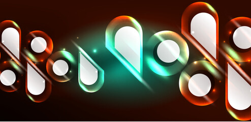 Aufkleber - Neon glowing geometric shapes vector abstract background. Round elements, light effects and glass glossy style with color backdrop. Space cosmic or magic energy wallpaper