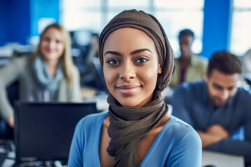 A confident female Muslim student in a diverse classroom environment smiles at the camera, representing empowerment and success in modern education. Generative AI.