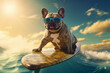 French bulldog wearing sun glasses surfing on a surf board at the sea on a sunny day created with AI generative technology
