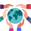 © Orapun - People hands holding earth planet in flat design on white background.