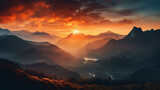 Fototapeta Góry - Generative AI of A Majestic Landscape with Mountains, Sunset and Orange Sky/ Dawn or Dusk.