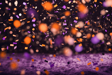 orange, black and purple round flying confetti with purple bokeh background for halloween celebratio