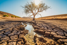 Withered And Cracked Riverbed During A Severe Drought Portraying The Consequences Of Water Scarcity Caused By Climate Change. Generative AI...