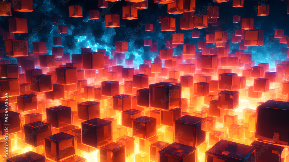 Array Glow A symmetrical array of floating cubes, each emitting a vibrant ...