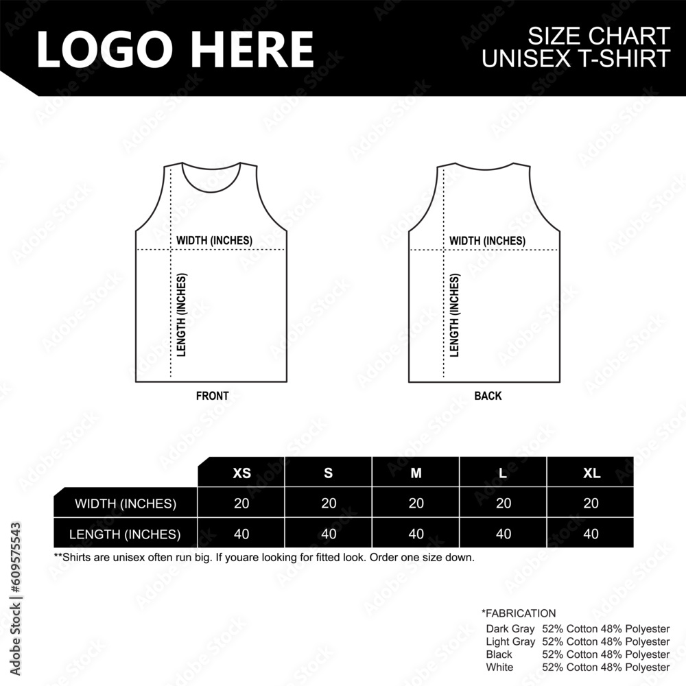 Tank Top size guide of unisex short sleeve sizing chart Table size